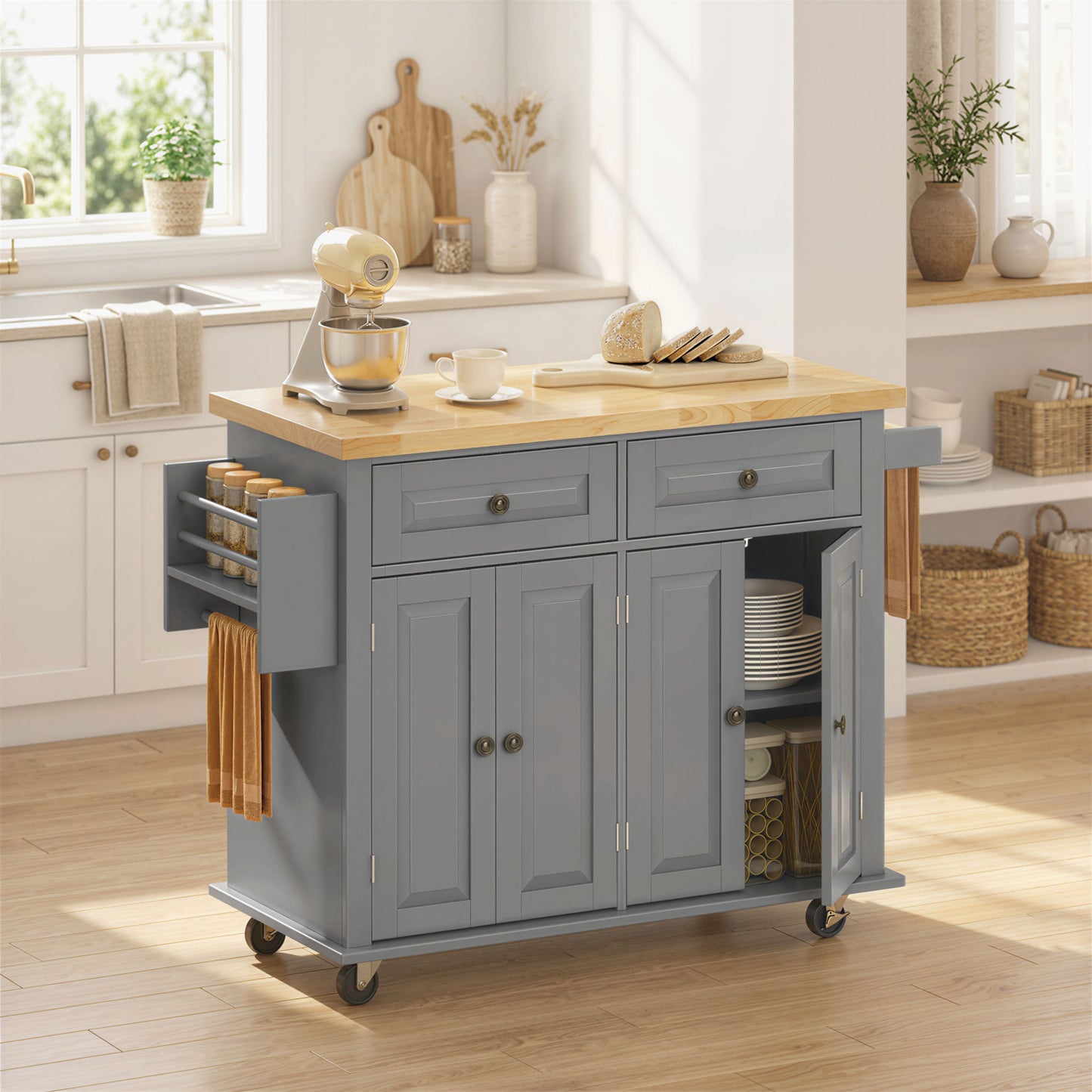 Lenevi Wooden Grey and Natural Rolling Kitchen Island With Drawers And Storage
