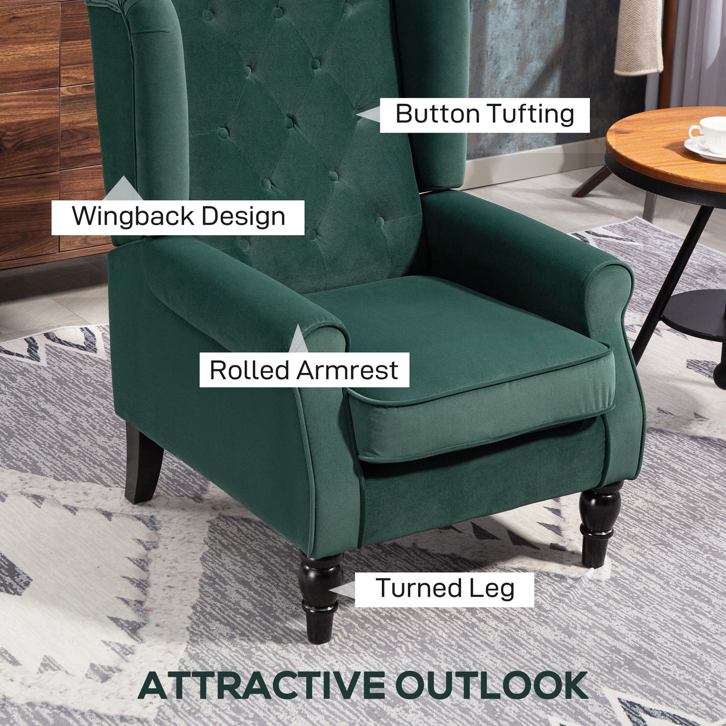 Dona Green Retro Wingback Accent Armchair With Diamond Button Tufted Upholstery