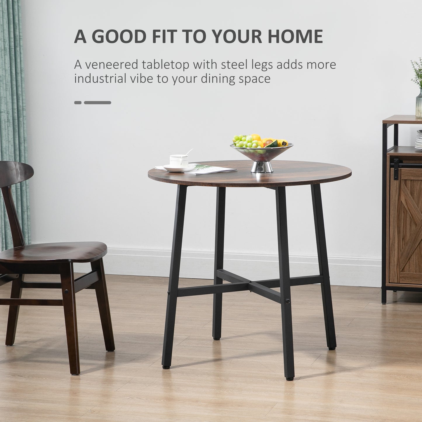 Vizina Metal And Wood Rustic Brown Round Industrial Dining Table 85cm
