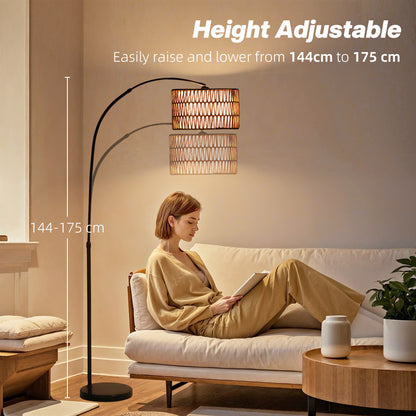 Limo Natural Rattan Black Metal Adjustable Floor Lamp With Dual Layer Shade