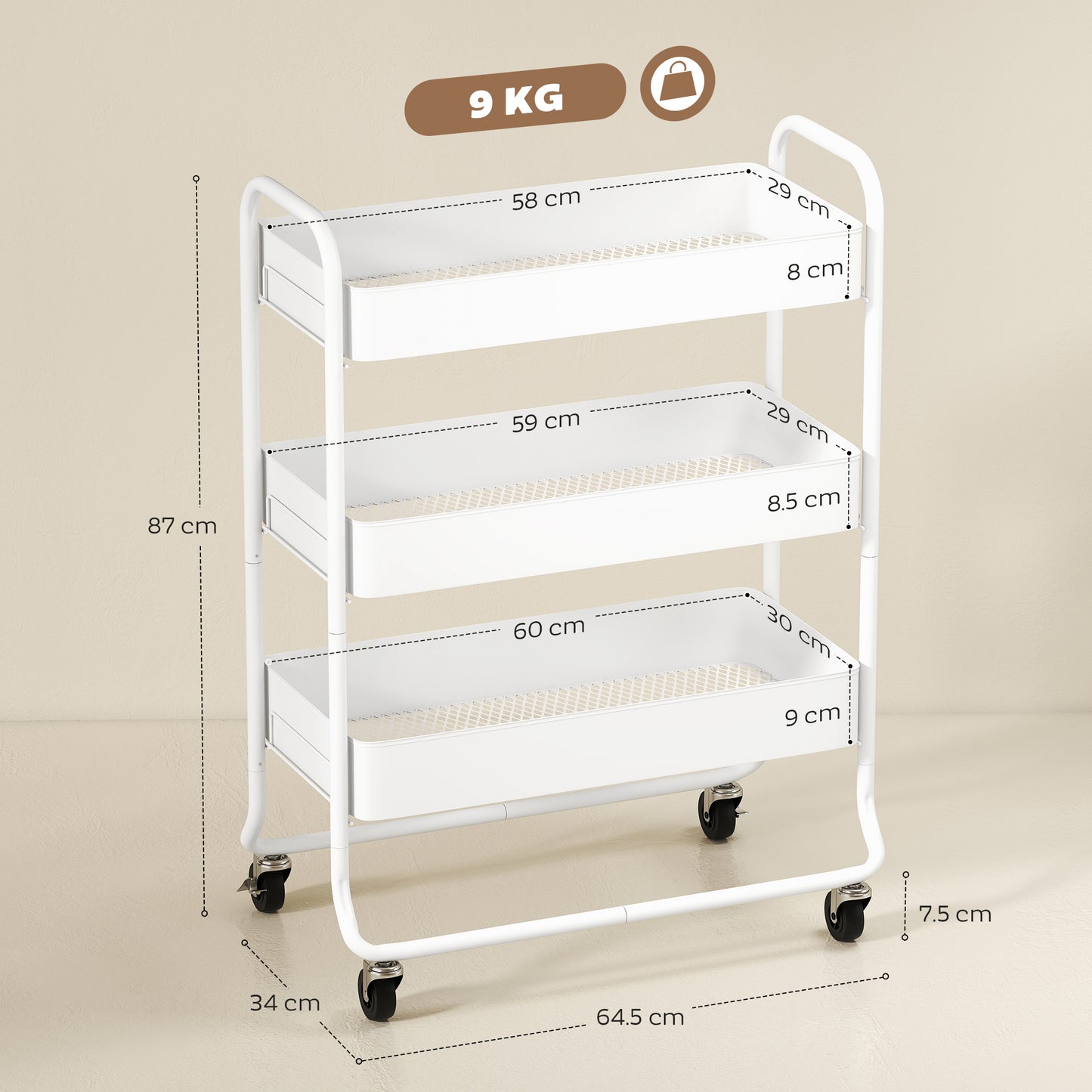 Saseta Sosa Metal White 3 Tier Rolling Utility Trolley With Mesh Baskets