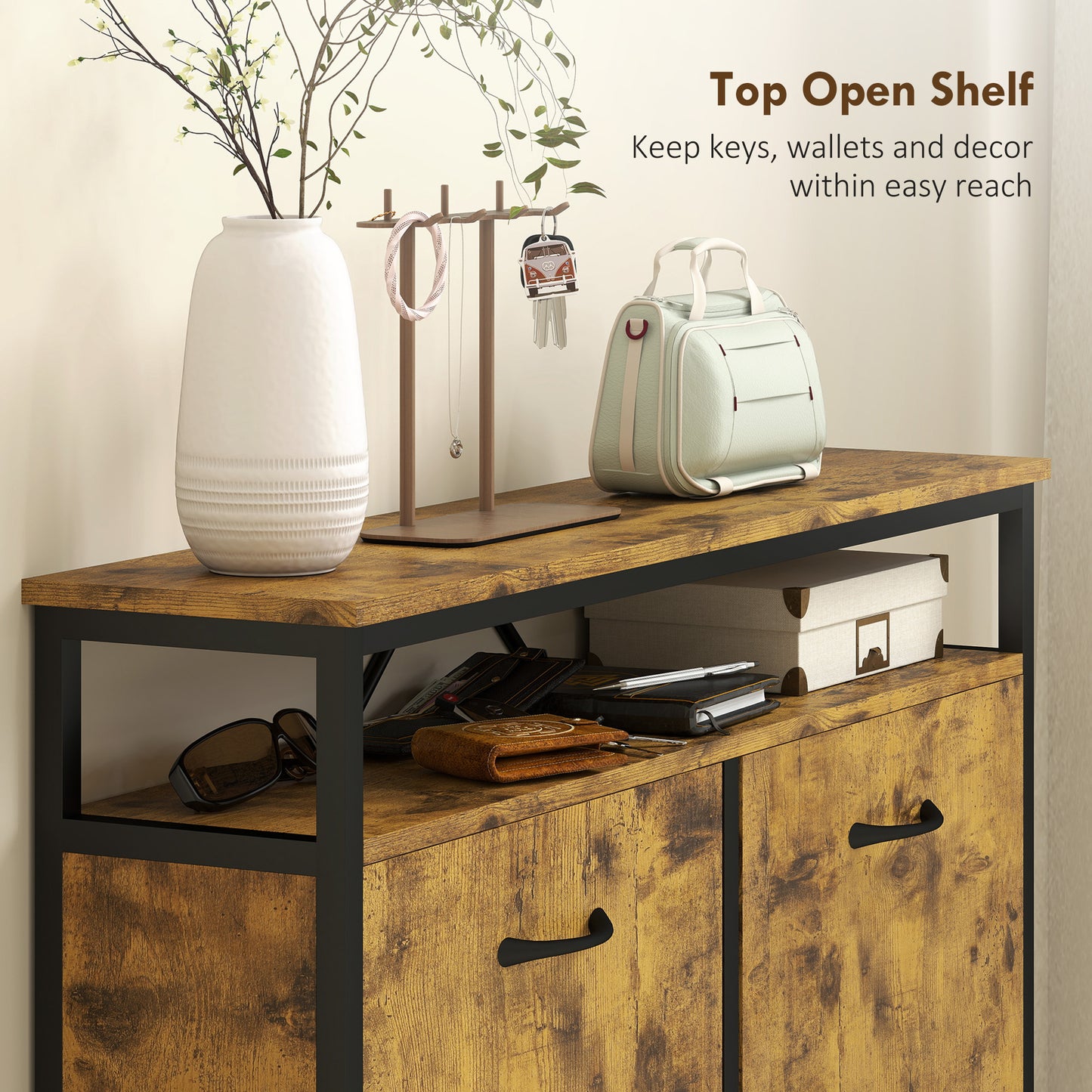 Vebael Wooden Rustic Brown Shoe Cabinet With 4 Flip Drawers And Shelf