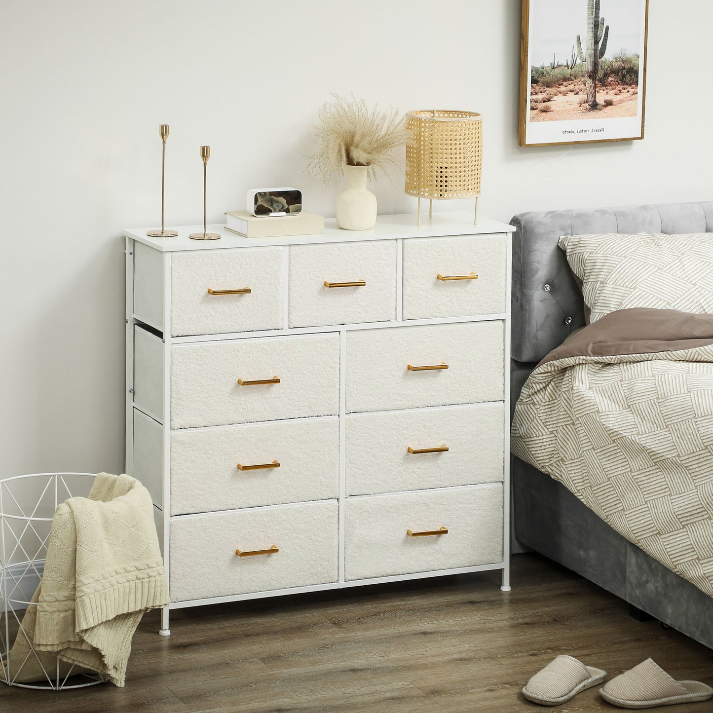 Tafi Metal And Fabric Cream White 9 Drawer Boucle Storage Chest With Steel Frame