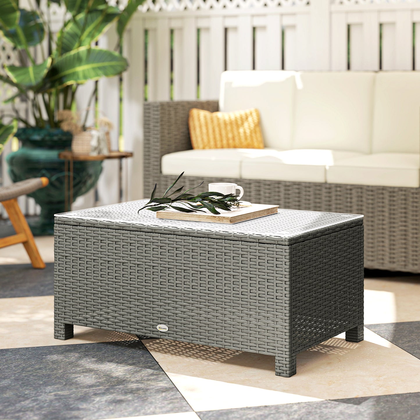 Viluno Pafi Rattan Light Grey Outdoor Coffee Table With Glass Top