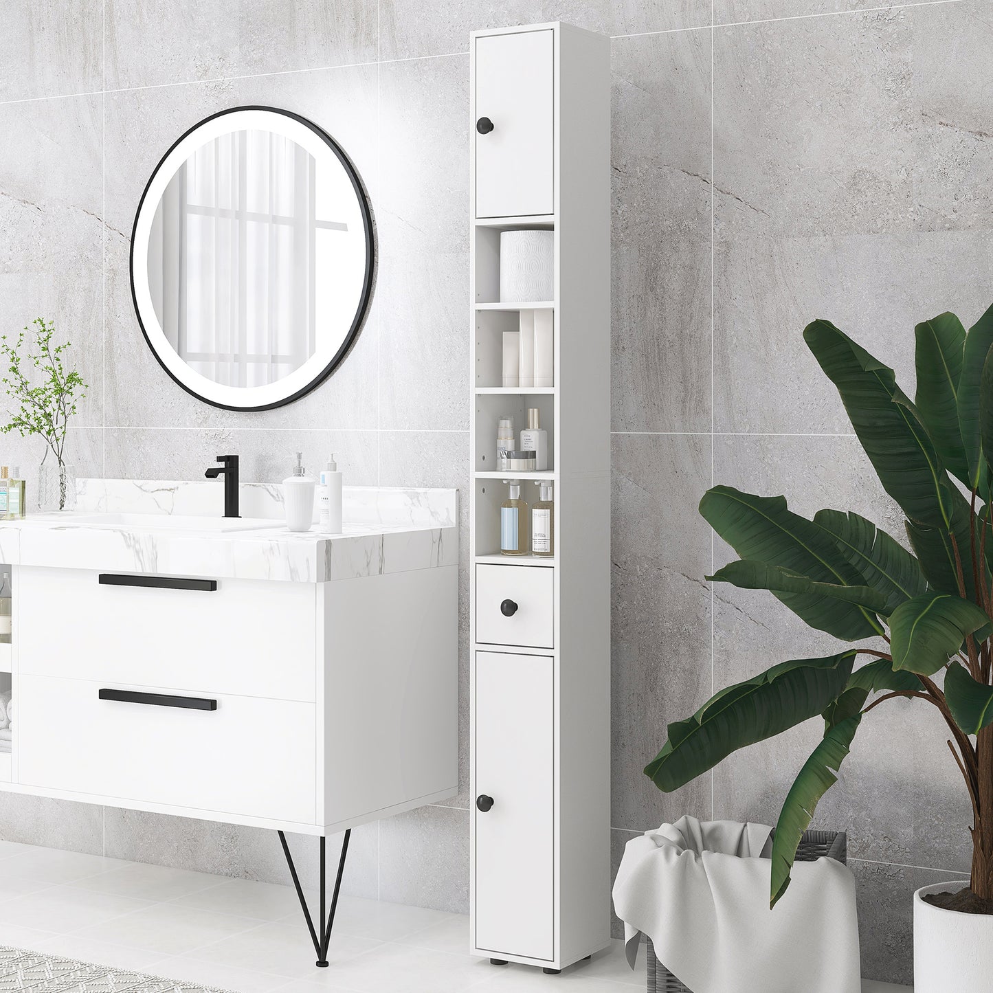 Lakeva Extra Tall Slim Bathroom Storage Cabinet With Multi Layer Internal Compartments White