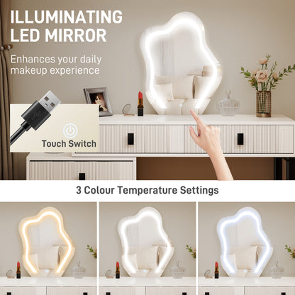 Nalomo White Vanity Desk With Leaf ShaFauxd Mirror 5 Drawers And 3 Colour LED Lighting