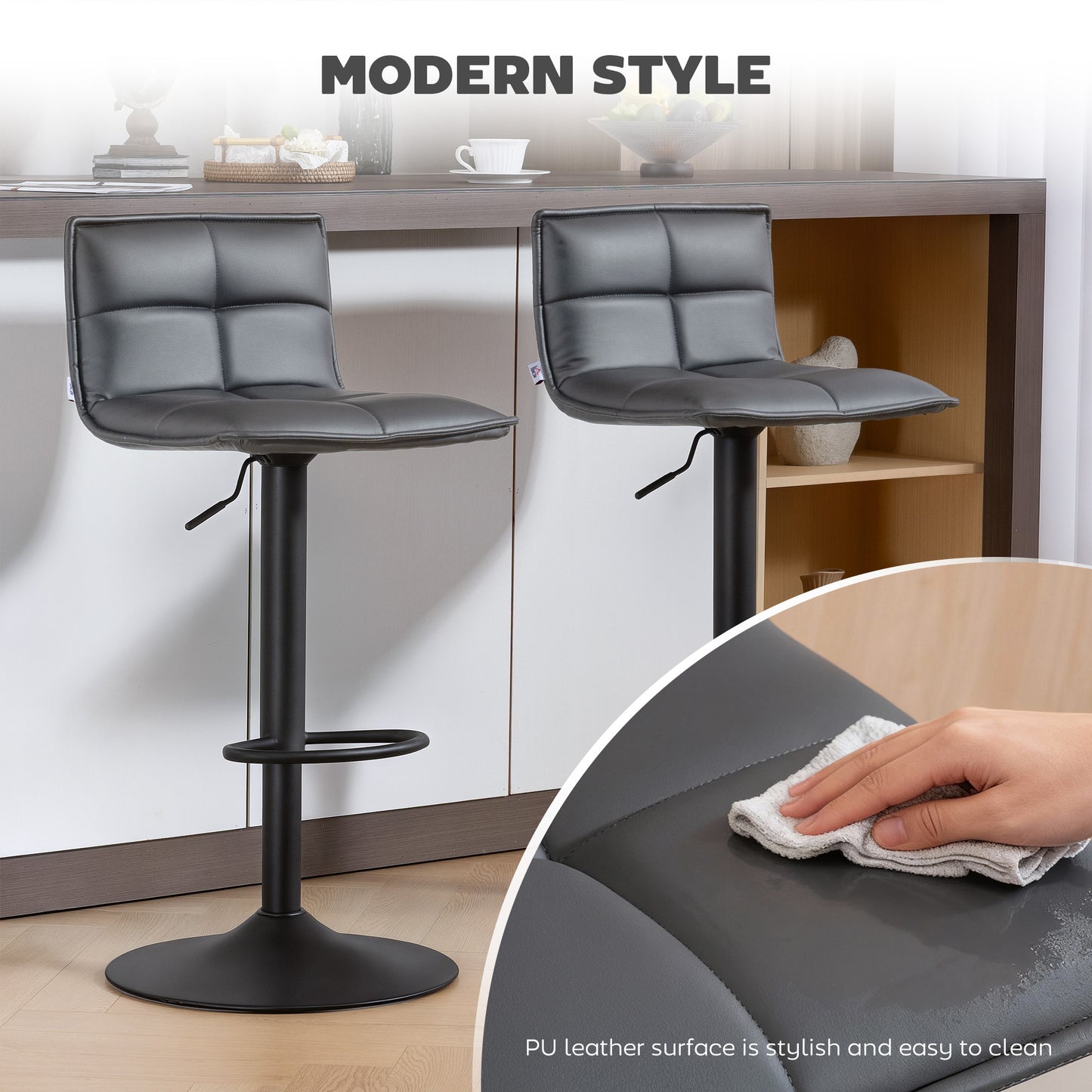 Miha Set Of 2 Dark Grey Modern Faux Leather Bar Chairs
