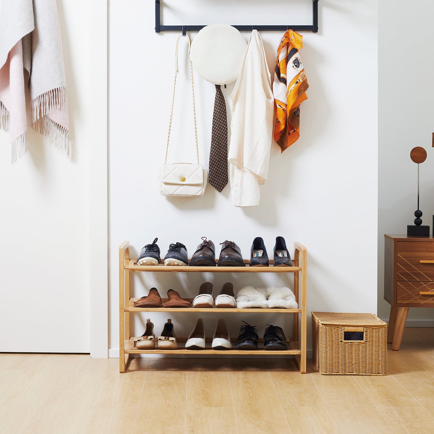 Naveha Natural Bamboo 3 Tier Shoe Rack With Slatted Shelves For 9 Pairs