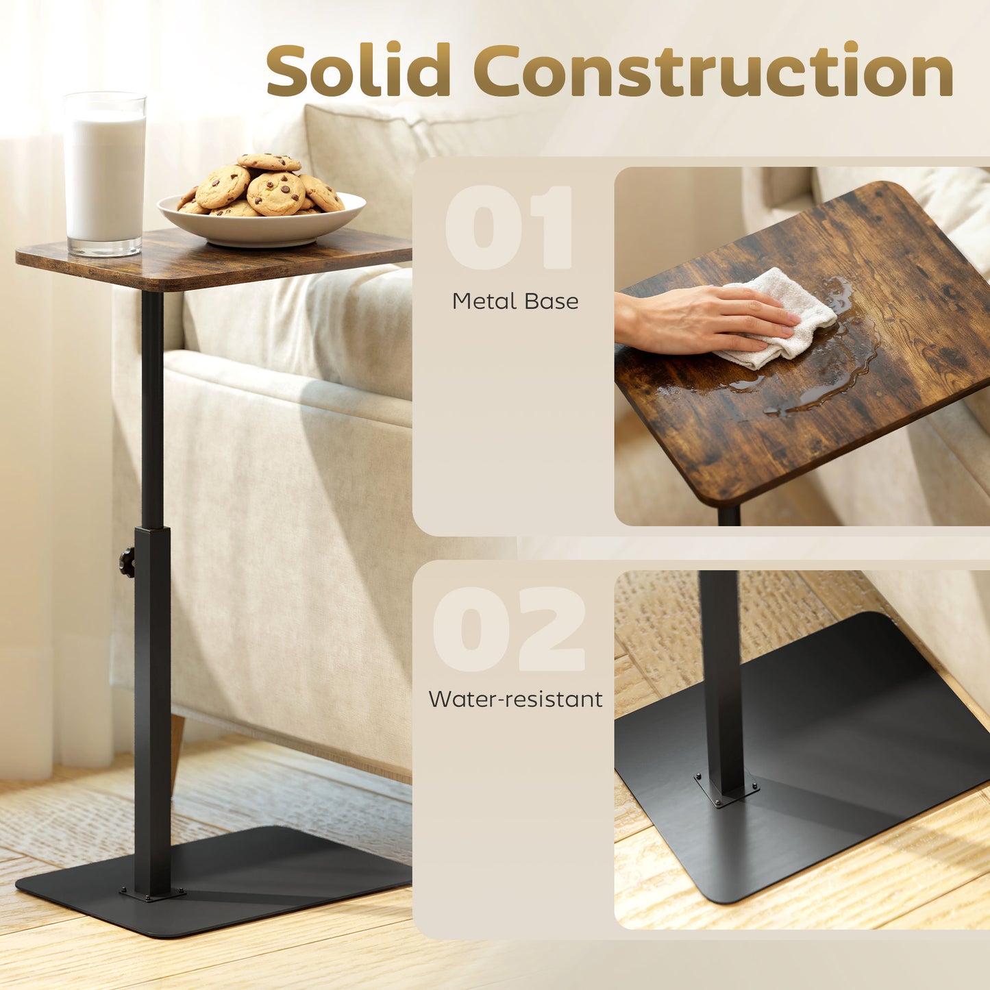 Falava Metal And Wooden Rustic Brown Side Table With Adjustable Frame