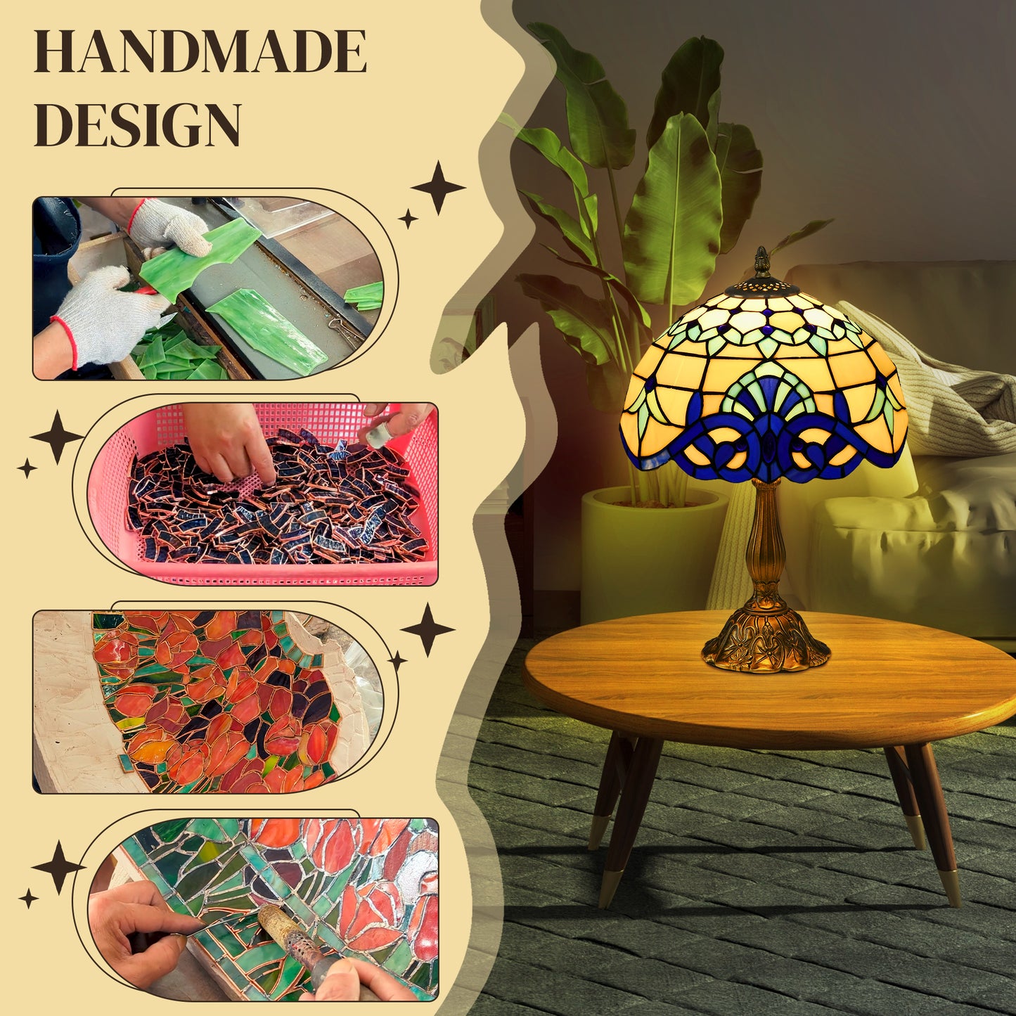 Repatto Glass And Metal Blue Handcrafted Stained Glass Table Lamp