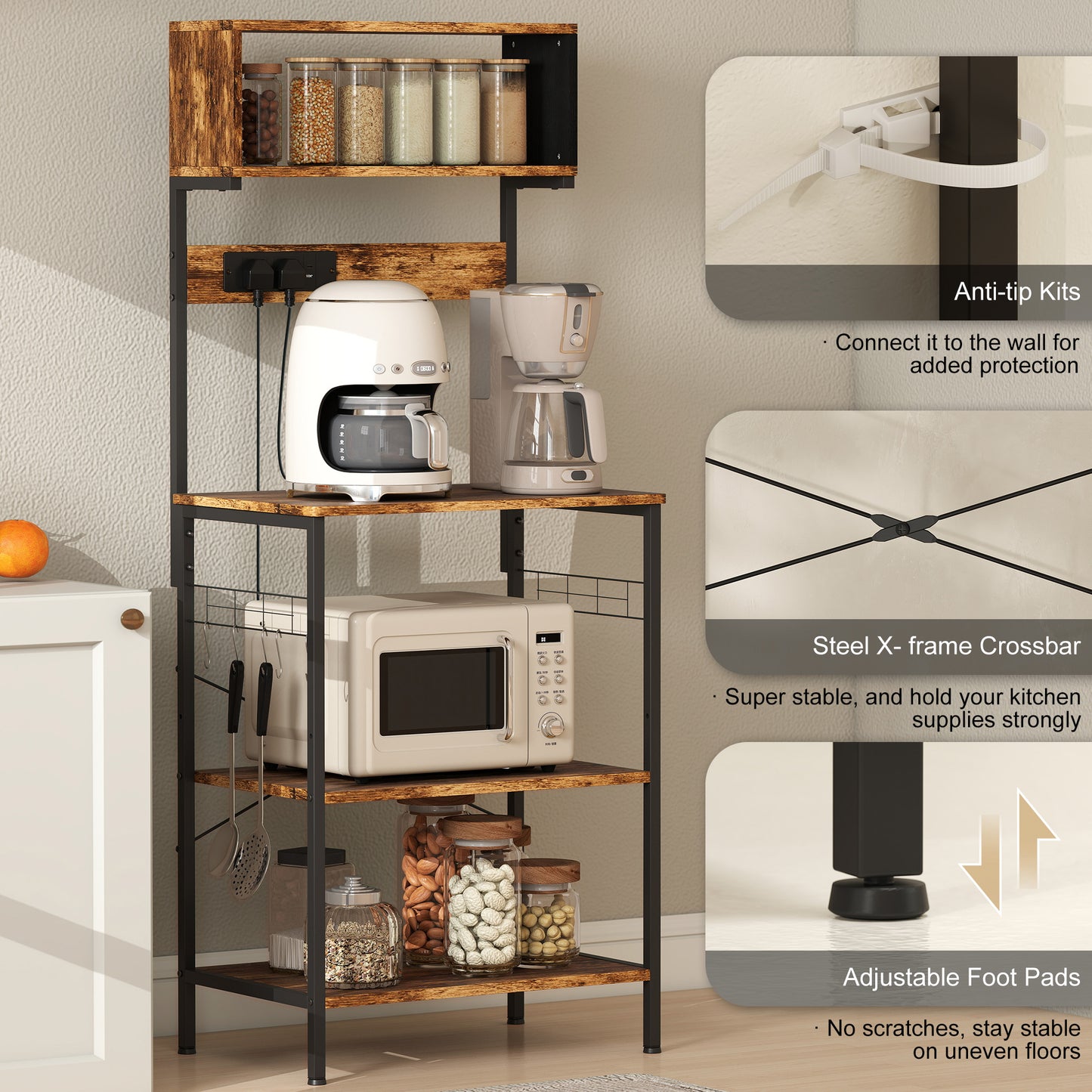 Raco Kale Wooden Rustic Brown Bakers Rack With Power Outlet USB Charging And Adjustable Shelves