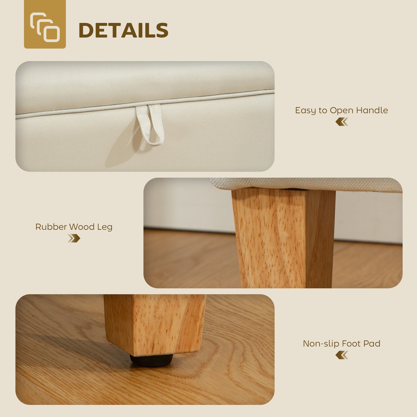 Suba Linen Beige Storage Footstool With Storage Natural Wooden Legs