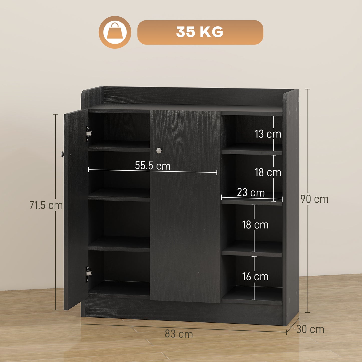 Rala Wooden Black Shoe Cupboard With 2 Doors 9 Shelves