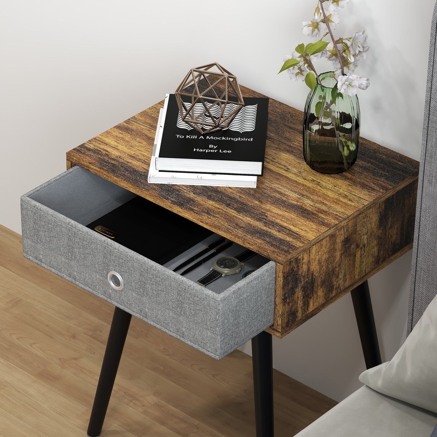 Loyo Set Of 2 Wooden Rustic Brown Industrial Bedside Tables With Grey Fabric Drawer
