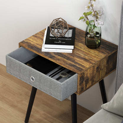 Loyo Set Of 2 Wooden Rustic Brown Industrial Bedside Tables With Grey Fabric Drawer