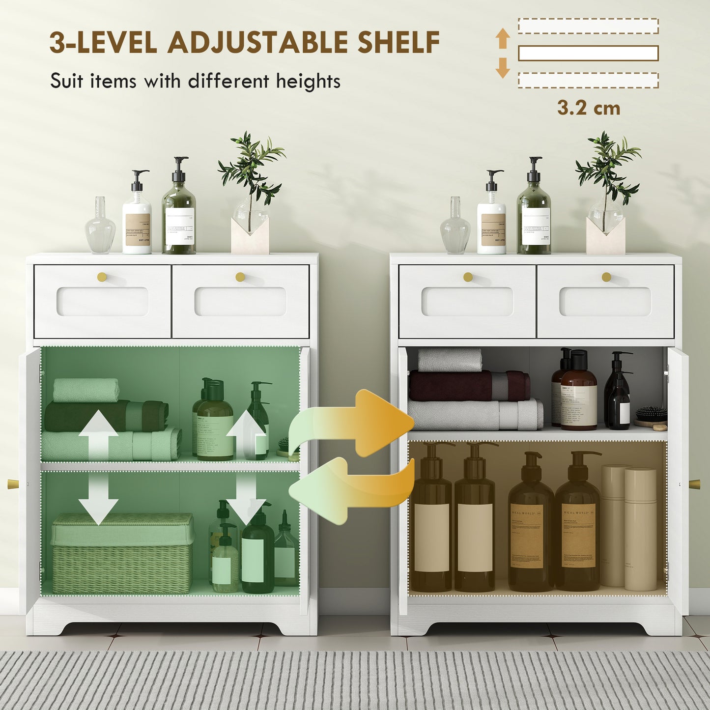Pareto Bathroom Floor Storage Cabinet With 2 Drawers White