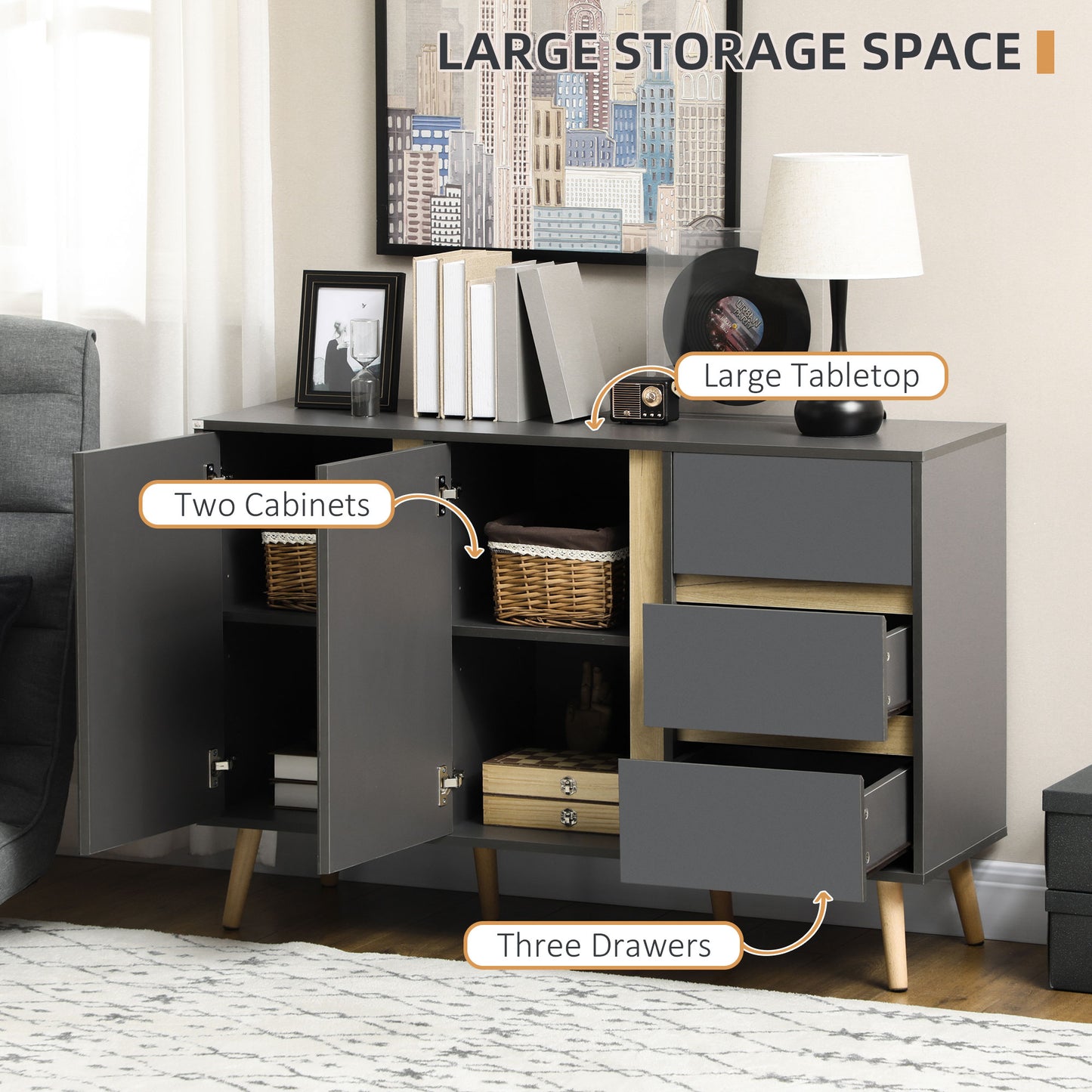 Sola Vela Dark Grey Sideboard Double Doors 3 Drawers And Shelves