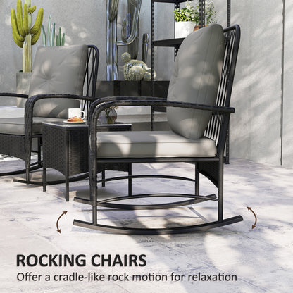 Nassotti Rattan Black 3 Piece Rocking Bistro Set Grey Cushions