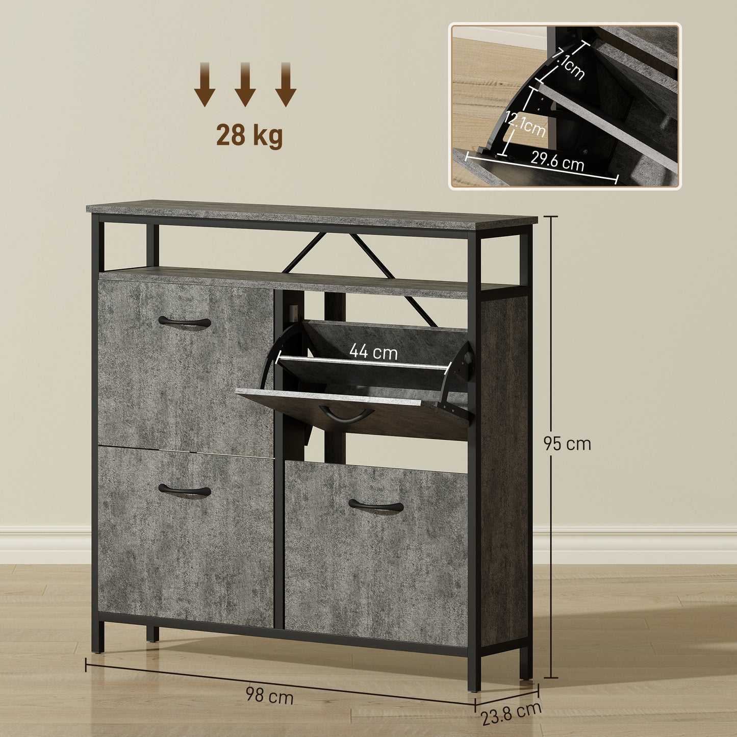 Verala Wooden Cement Effect Grey Shoe Cabinet With 4 Flip Drawers And Shelf