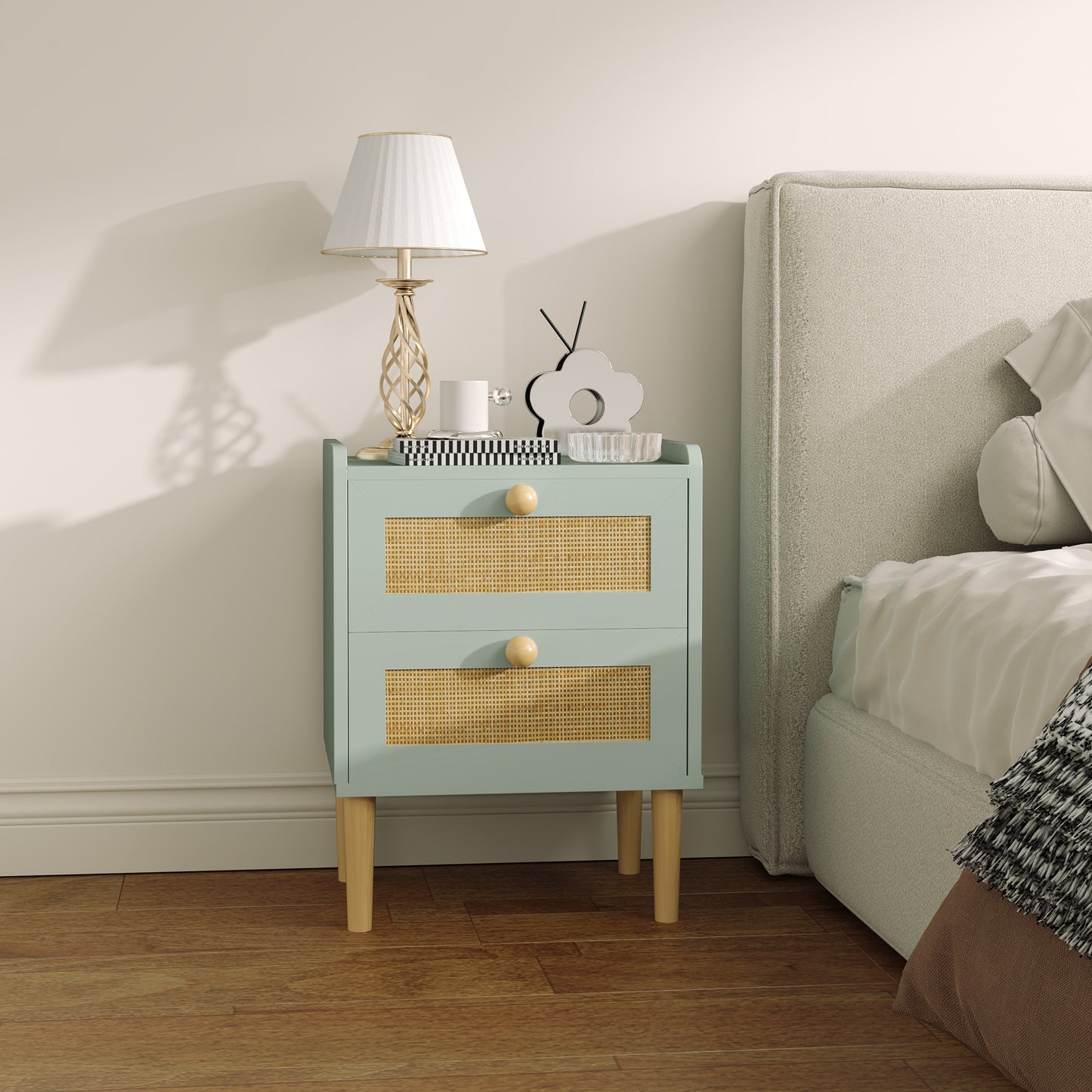 Reka Boho Olive Green Wood And Rattan 2 Drawer Bedside Table