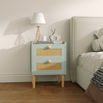 Reka Boho Olive Green Wood And Rattan 2 Drawer Bedside Table