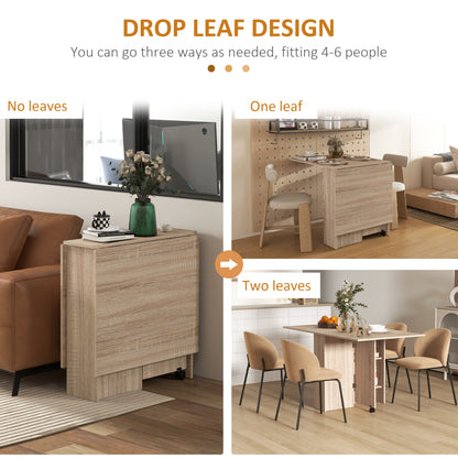 Vasufa Wooden Natural Ex10dable Drop Leaf Dining Table Seating 4 To 6 With Shelves And Wheels