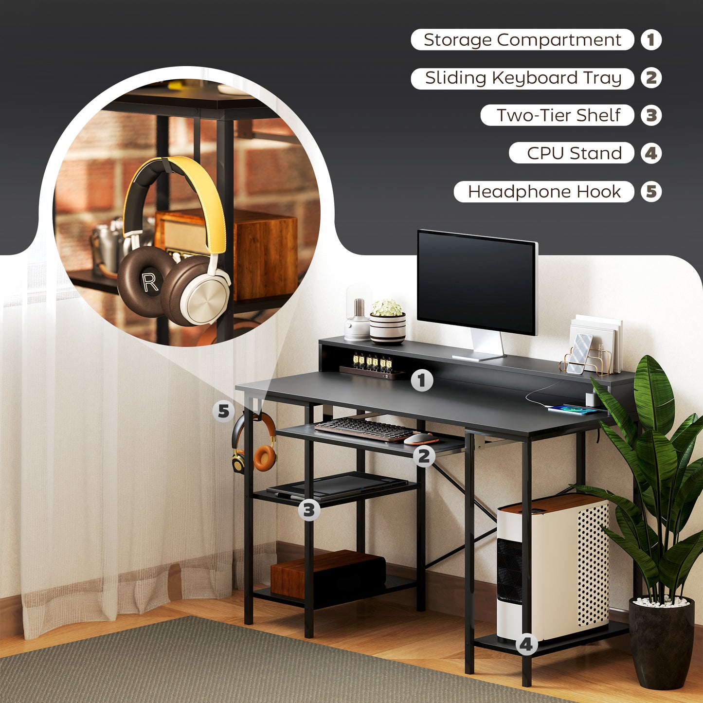 Dino 120cm Black Gaming Desk With LED Lighting Power Outlets Monitor Stand And Keyboard Tray