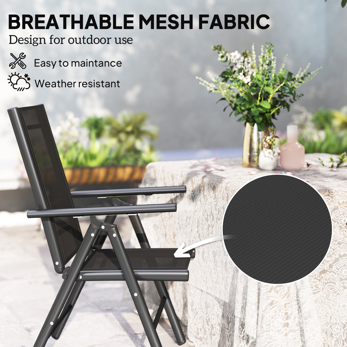 Costare Set Of 2 Aluminium Black Folding Garden Dining Chairs With Breathable Mesh
