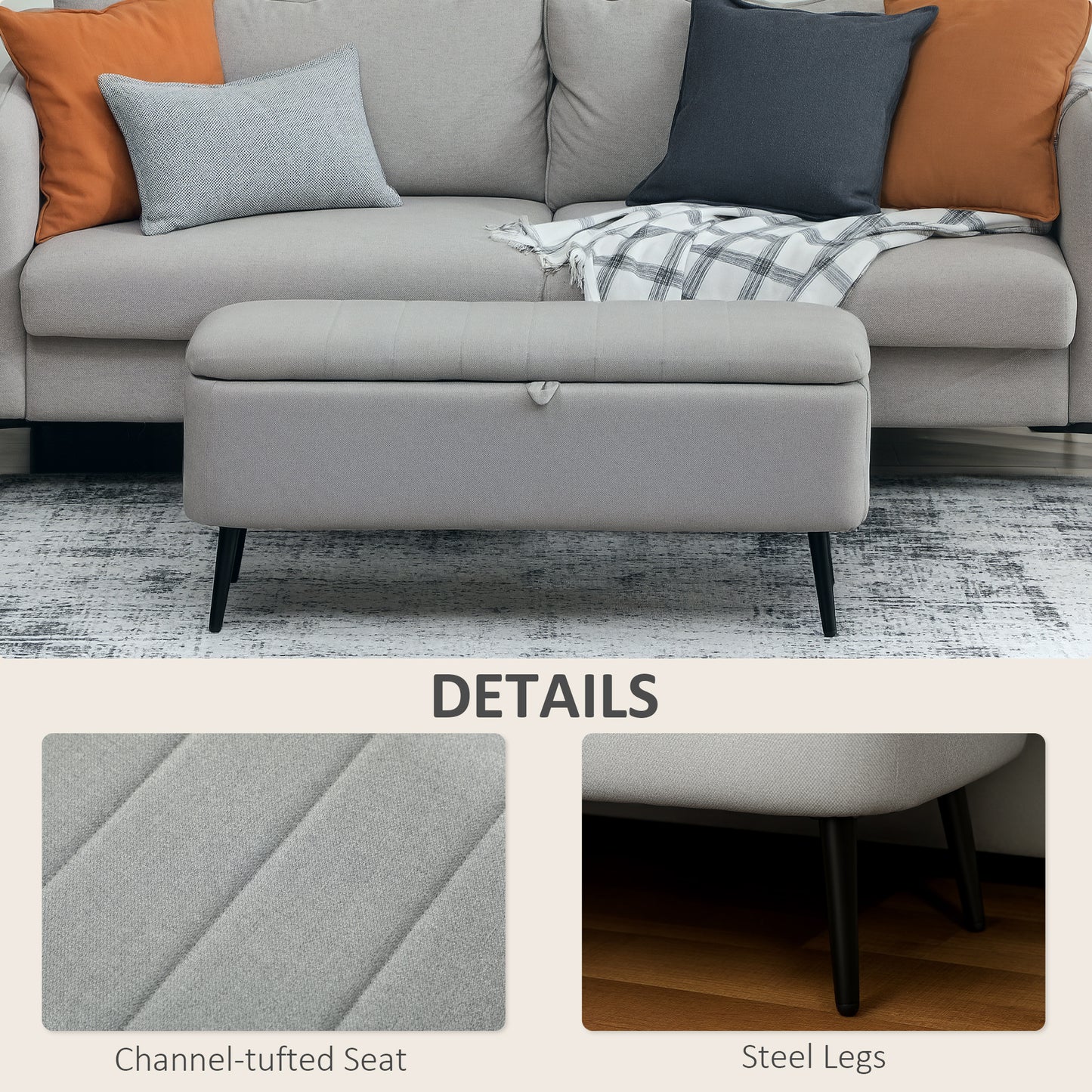Harika Linen Look Light Grey Storage Ottoman