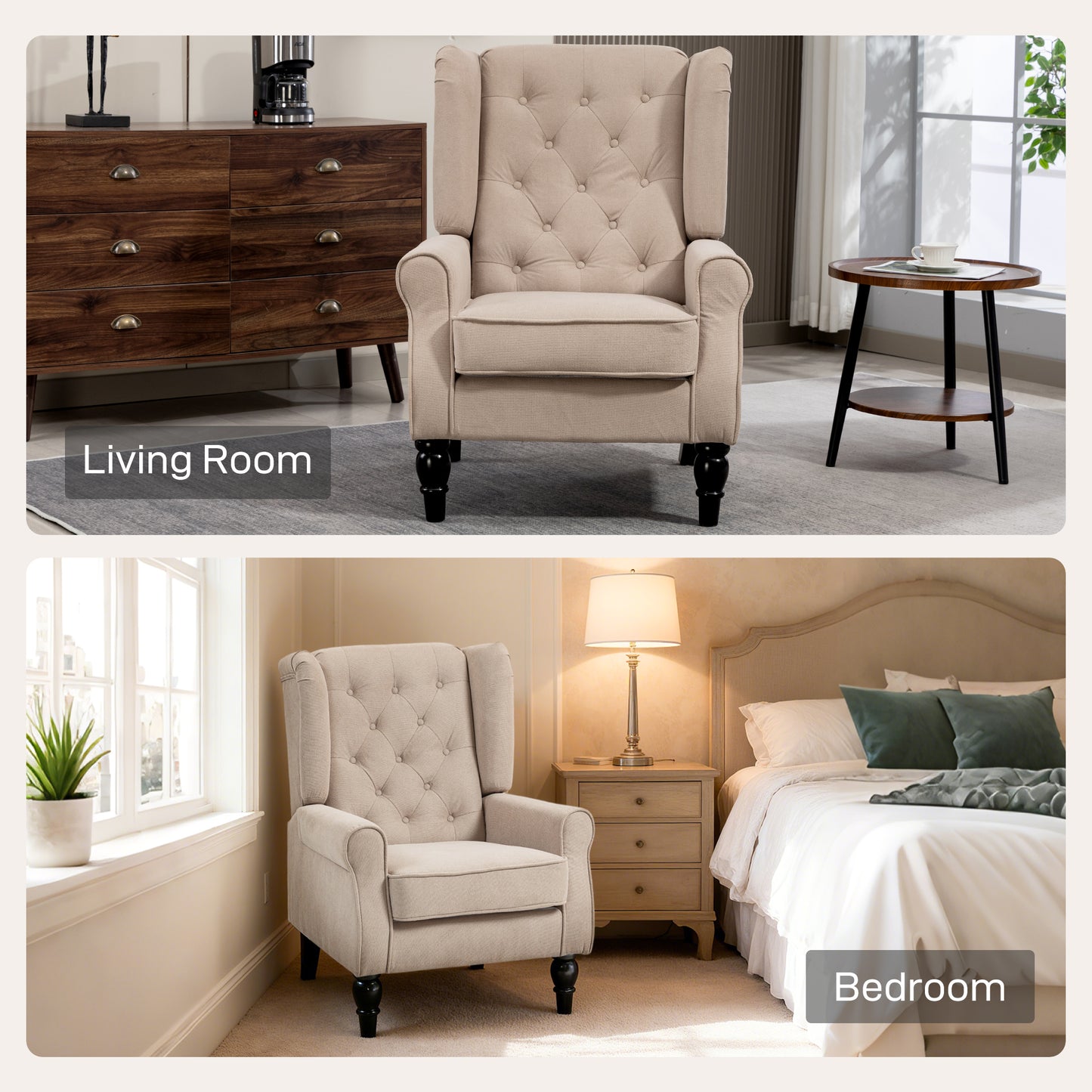 Nobael Beige Retro Wingback Accent Chair With Diamond Button Tufted Upholstery
