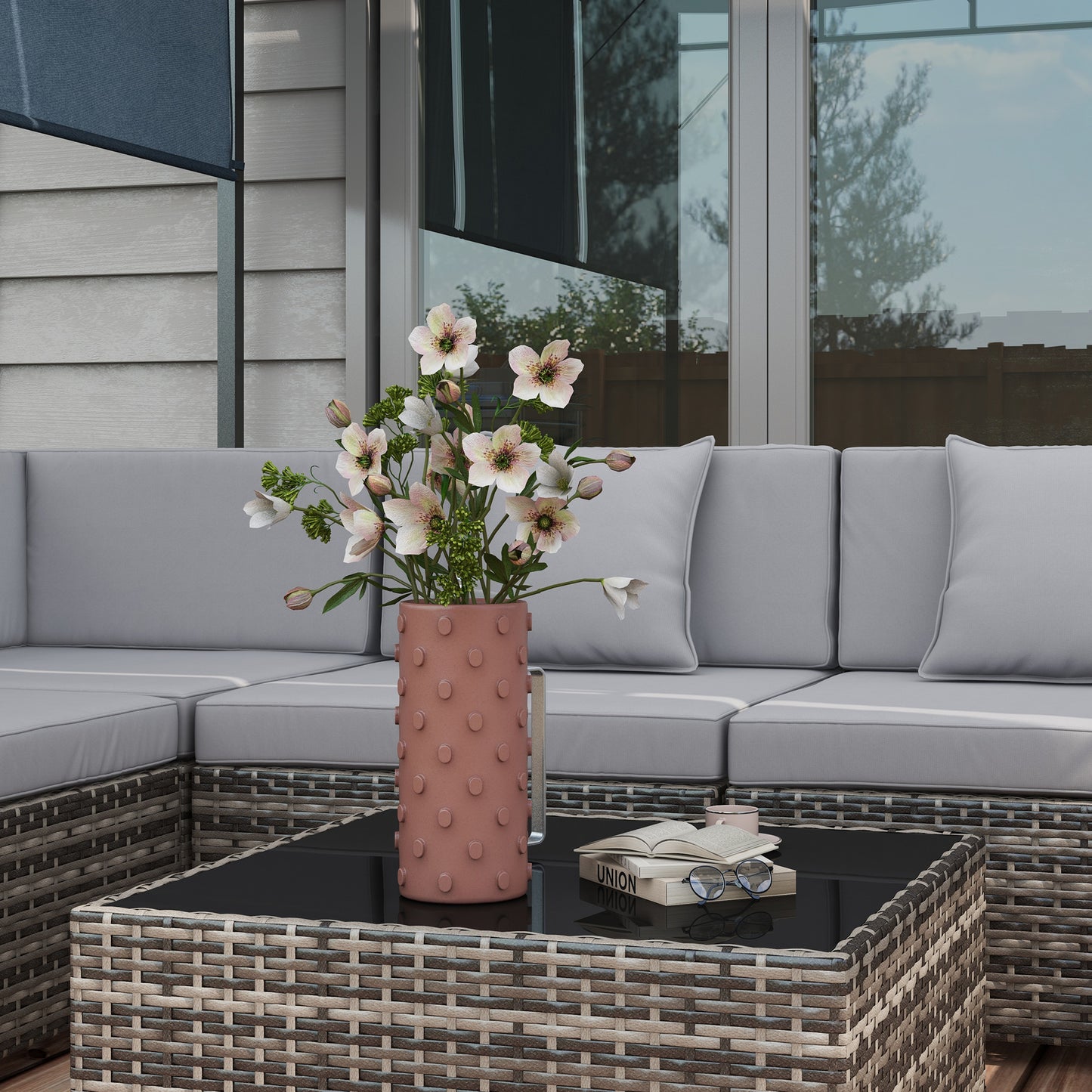 Nalo Elni Grey Rattan  7 Piece Garden Set With Glass Top Table