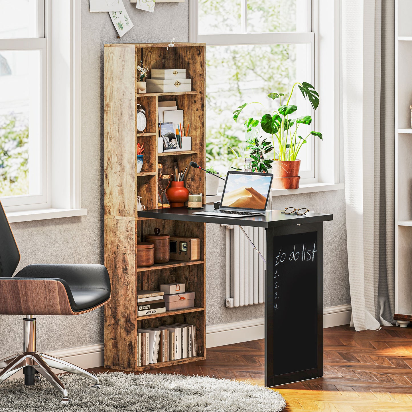 Codi 98cm Rustic Brown Folding Desk With Blackboard Panel And Side Shelving