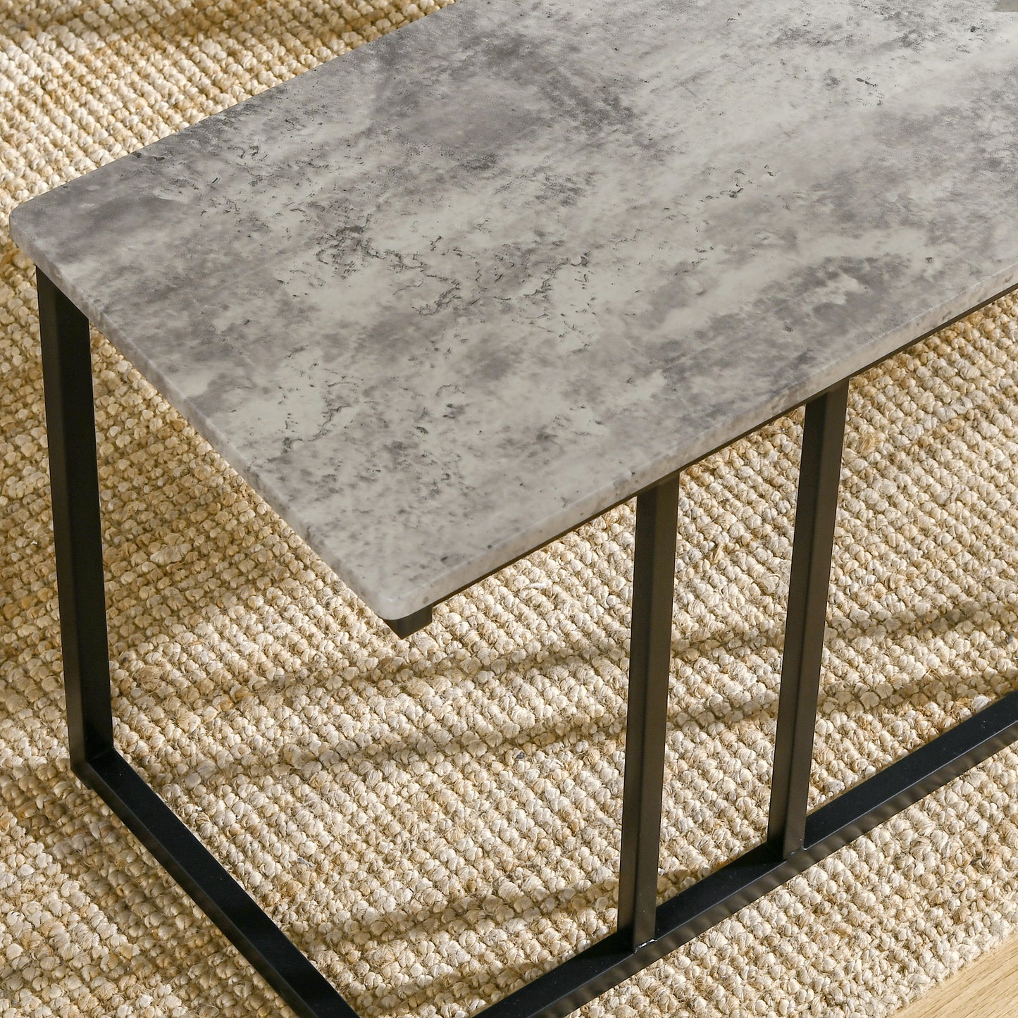Suroso Metal And Wood Grey Concrete Effect Dining Table And Bench Set For 4