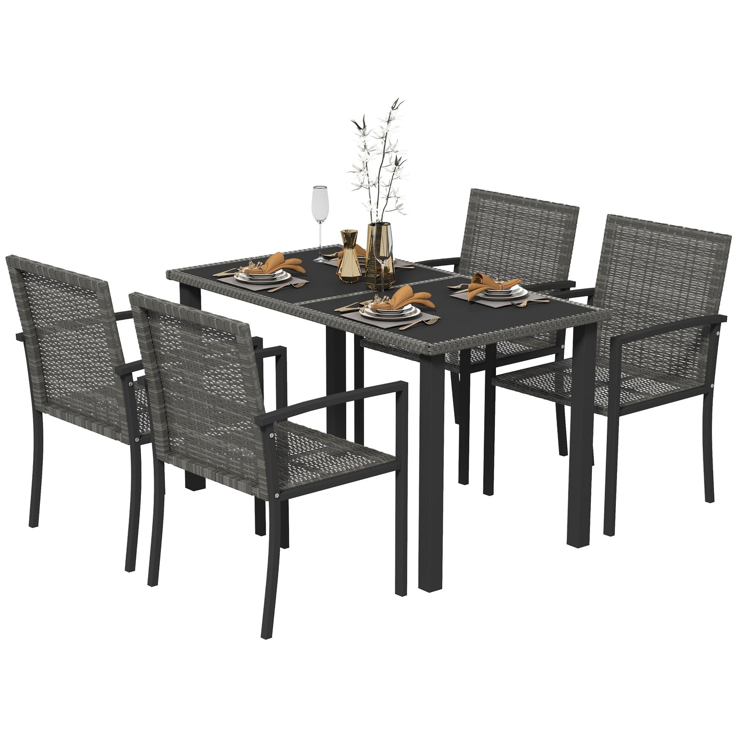 Pakeri Dark Grey Rattan 4 Seater Outdoor Dining Set With Tempered Glass Table And Chairs