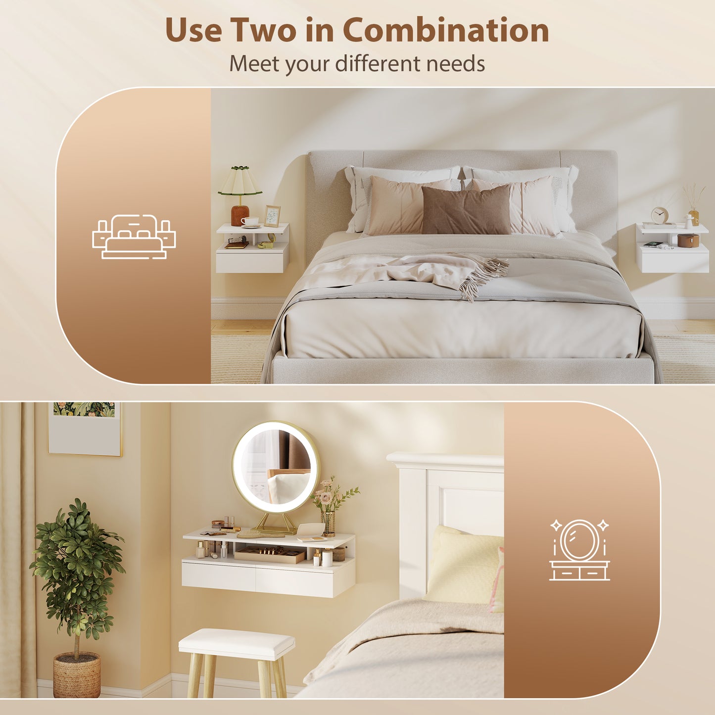 Toriro White Set Of 2 Floating Wall Mounted Bedside Tables 1 Drawer 1 Shelf
