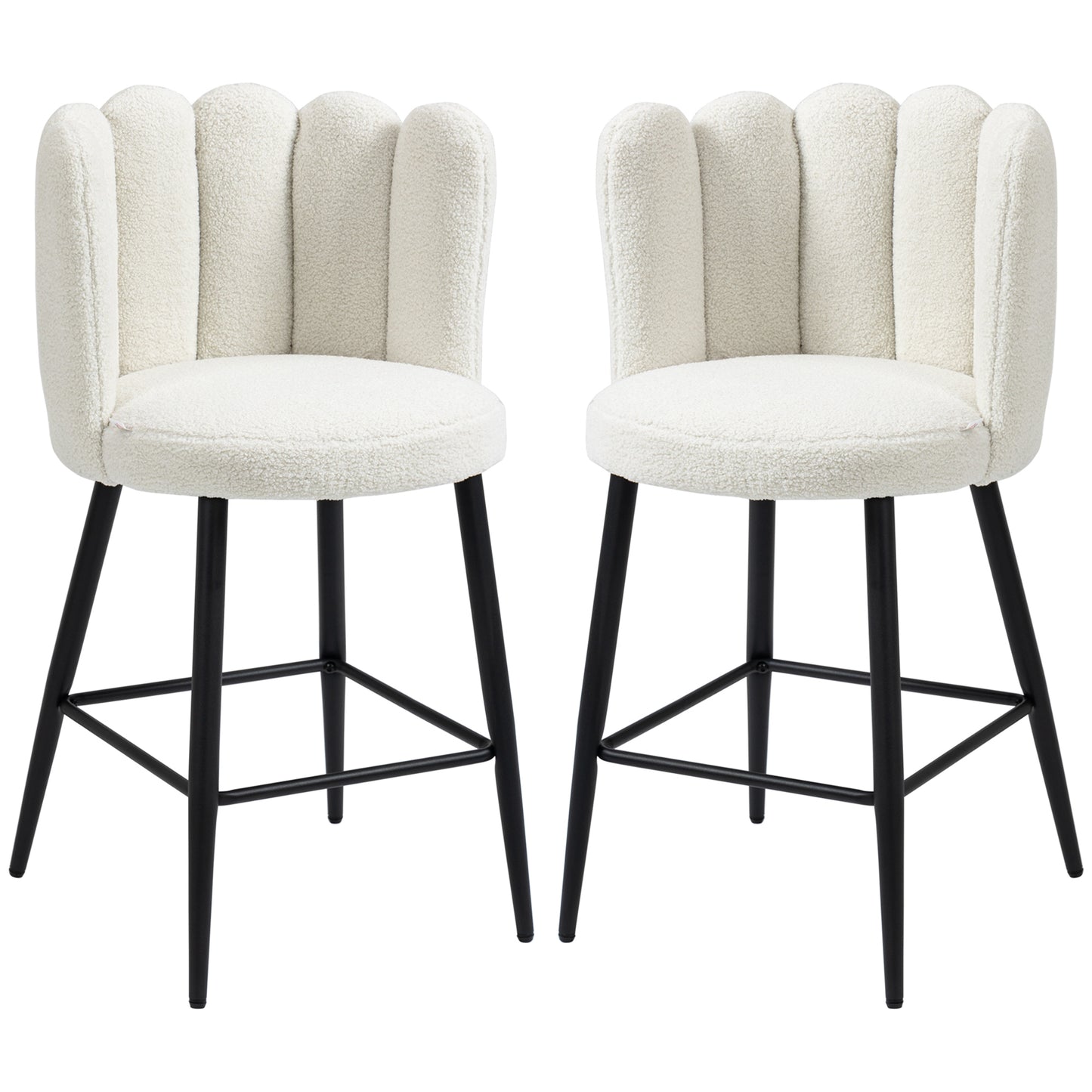 Ettine Scallop Boucle Cream Upholstered Bar Stools Set Of 2 With Steel Base And Footrest