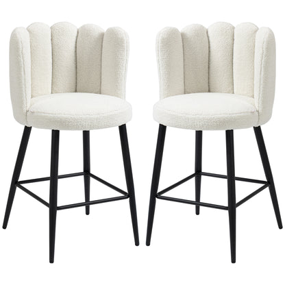Ettine Scallop Boucle Cream Upholstered Bar Stools Set Of 2 With Steel Base And Footrest