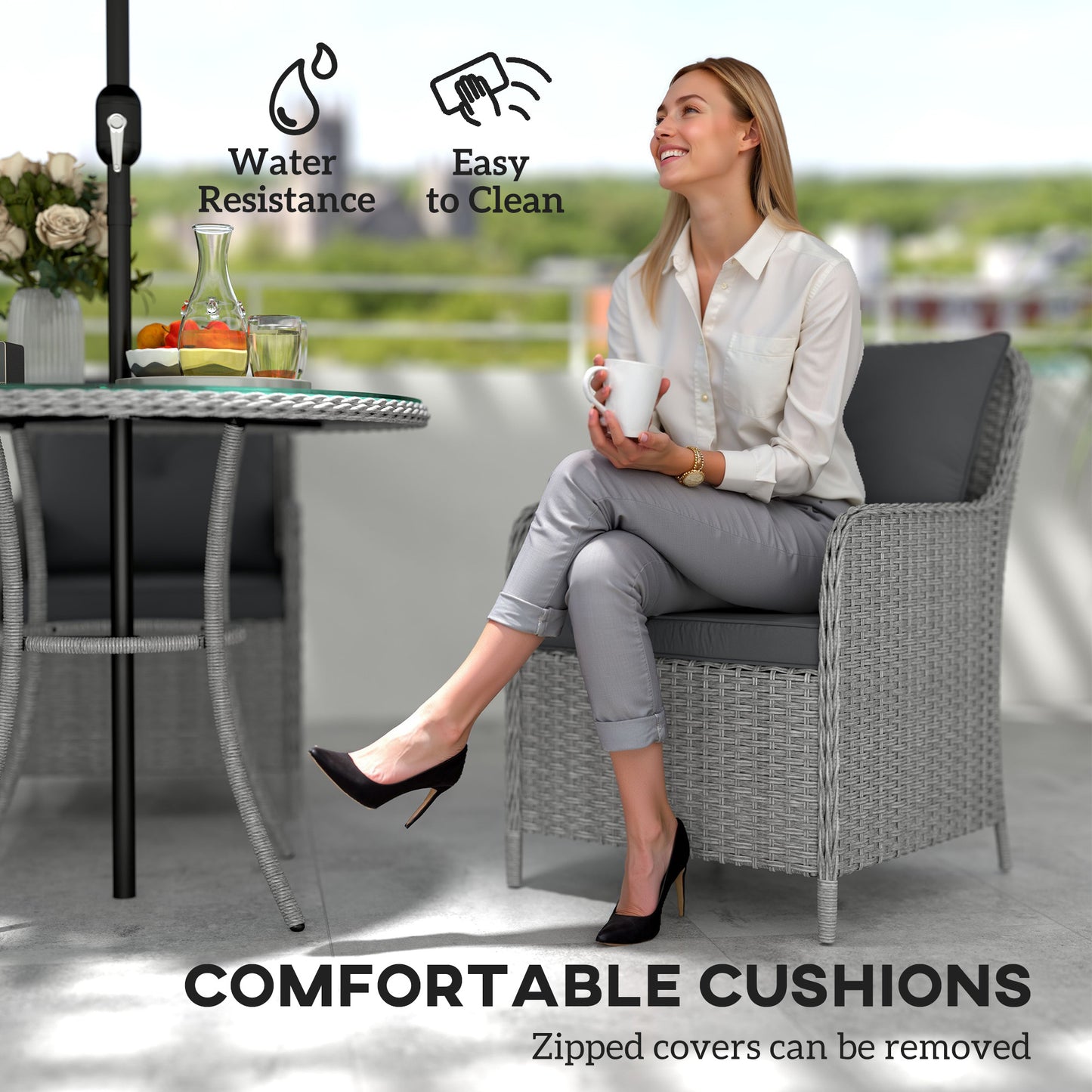 Hasa Rattan Light Grey 4 Seater Outdoor Dining Set With Cushions And Parasol