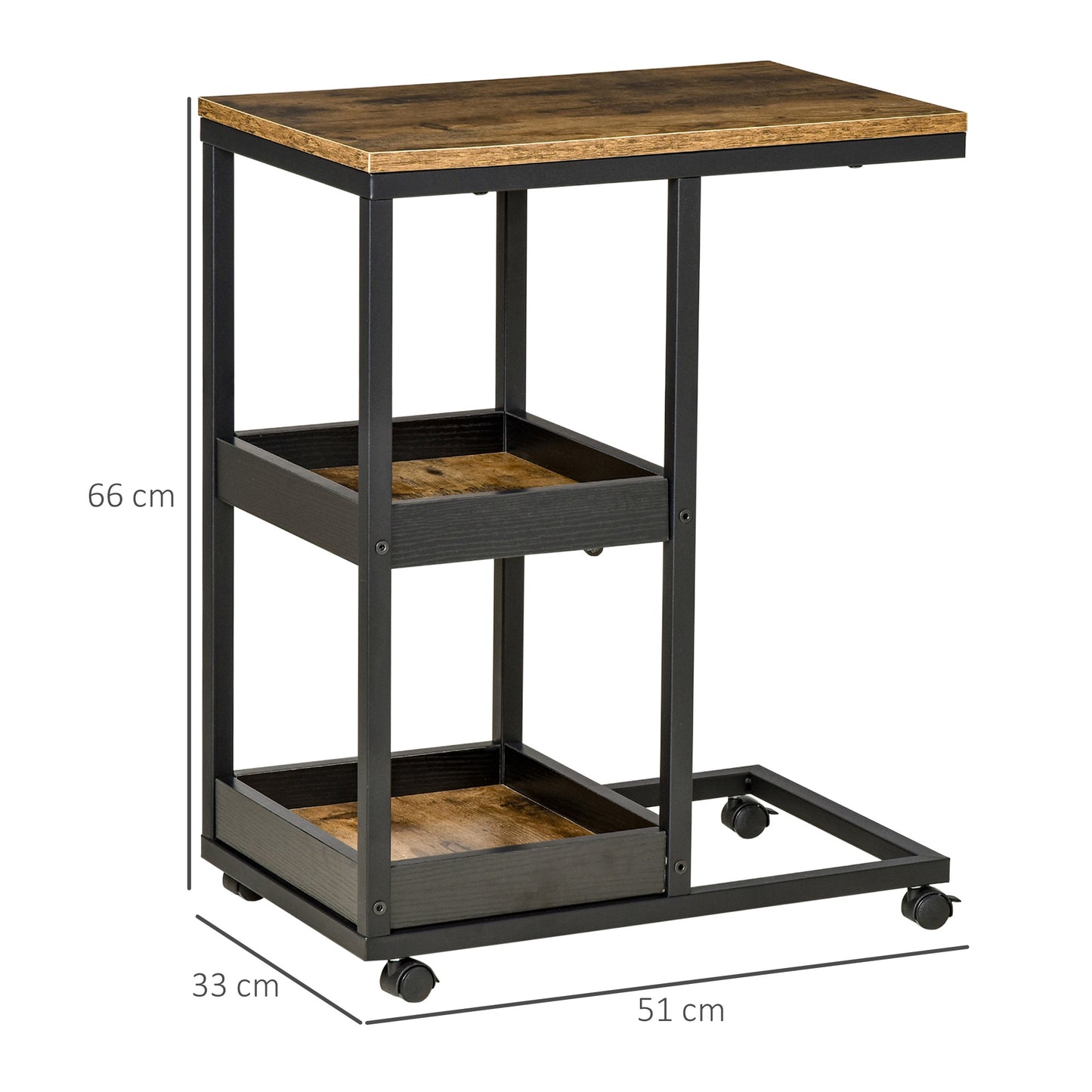 Lufaro Set Of 2 Mobile C Shaped Side Tables With Locking Wheels Metal And Wooden Dark Brown