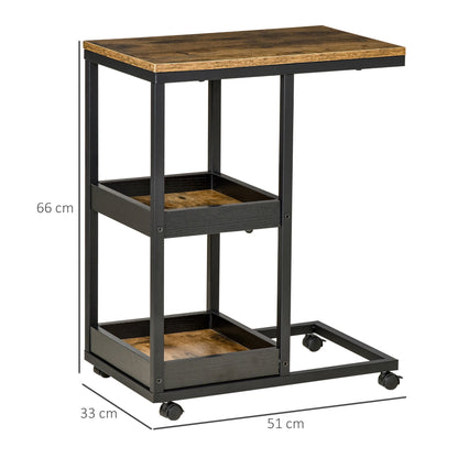 Lufaro Set Of 2 Mobile C Shaped Side Tables With Locking Wheels Metal And Wooden Dark Brown