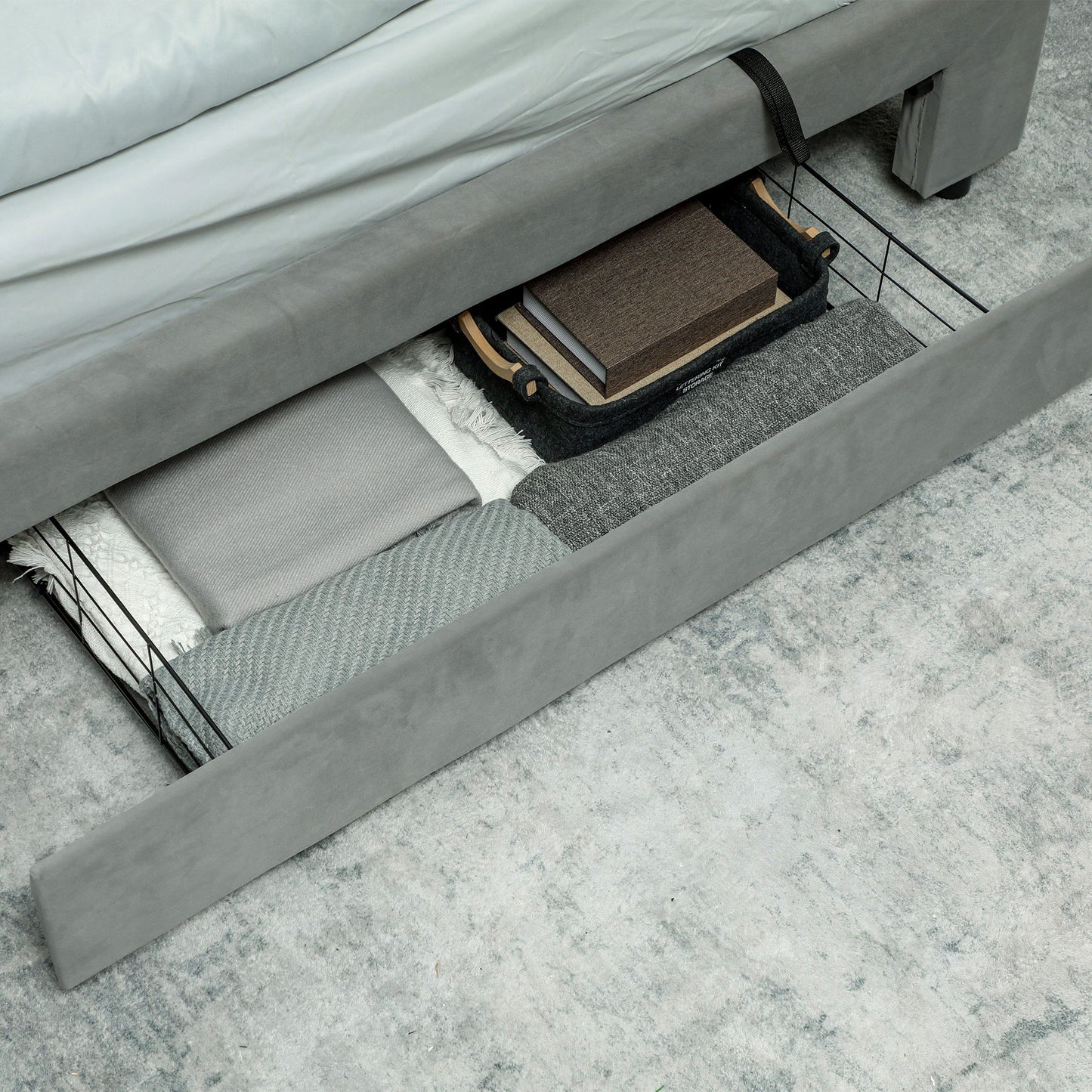Dineno 5FT Grey King Size Ottoman Bed Frame With Built In Front Divan Storage Drawer