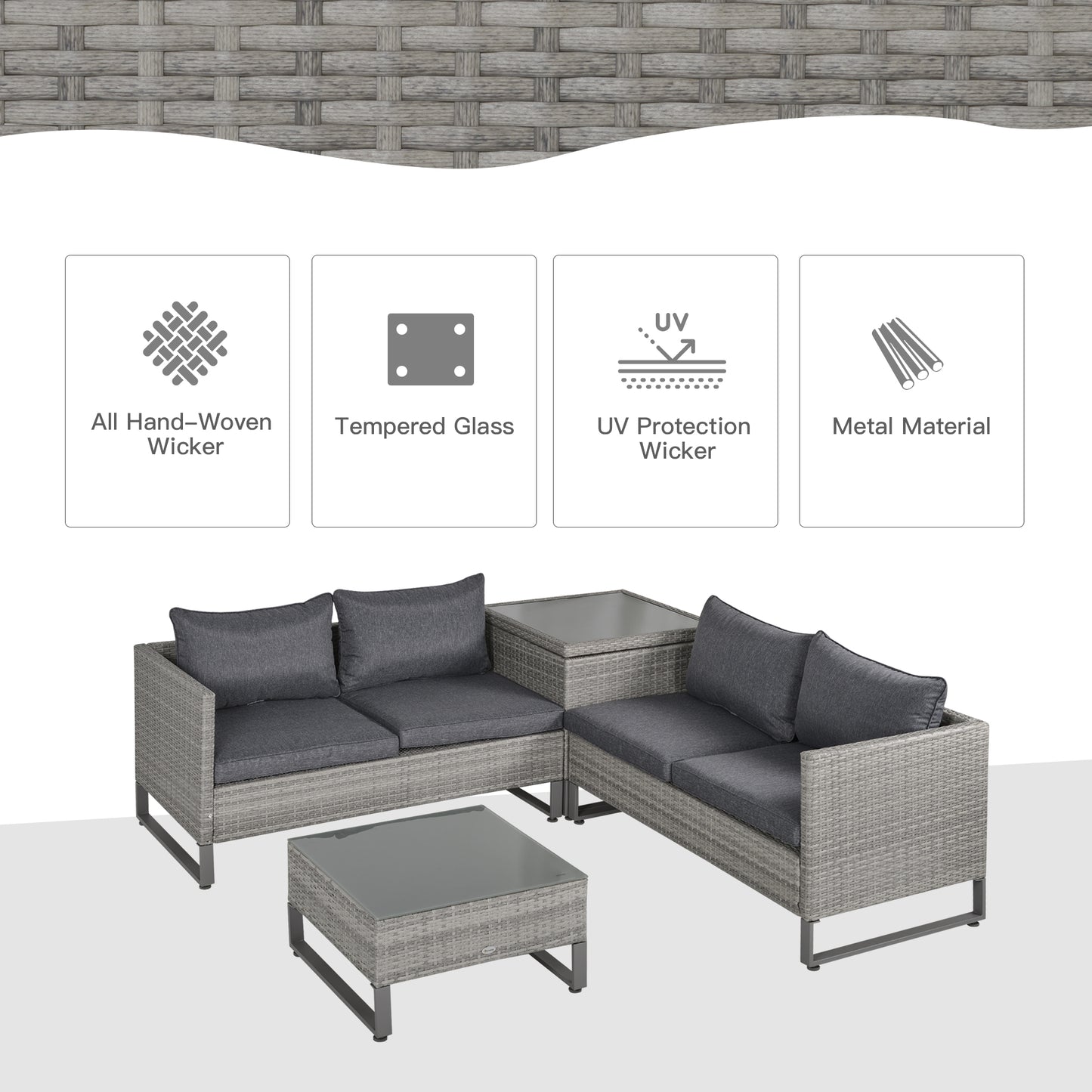 Samilo 4 Seater Grey Rattan Garden Sofa Set With Storage Coffee Table