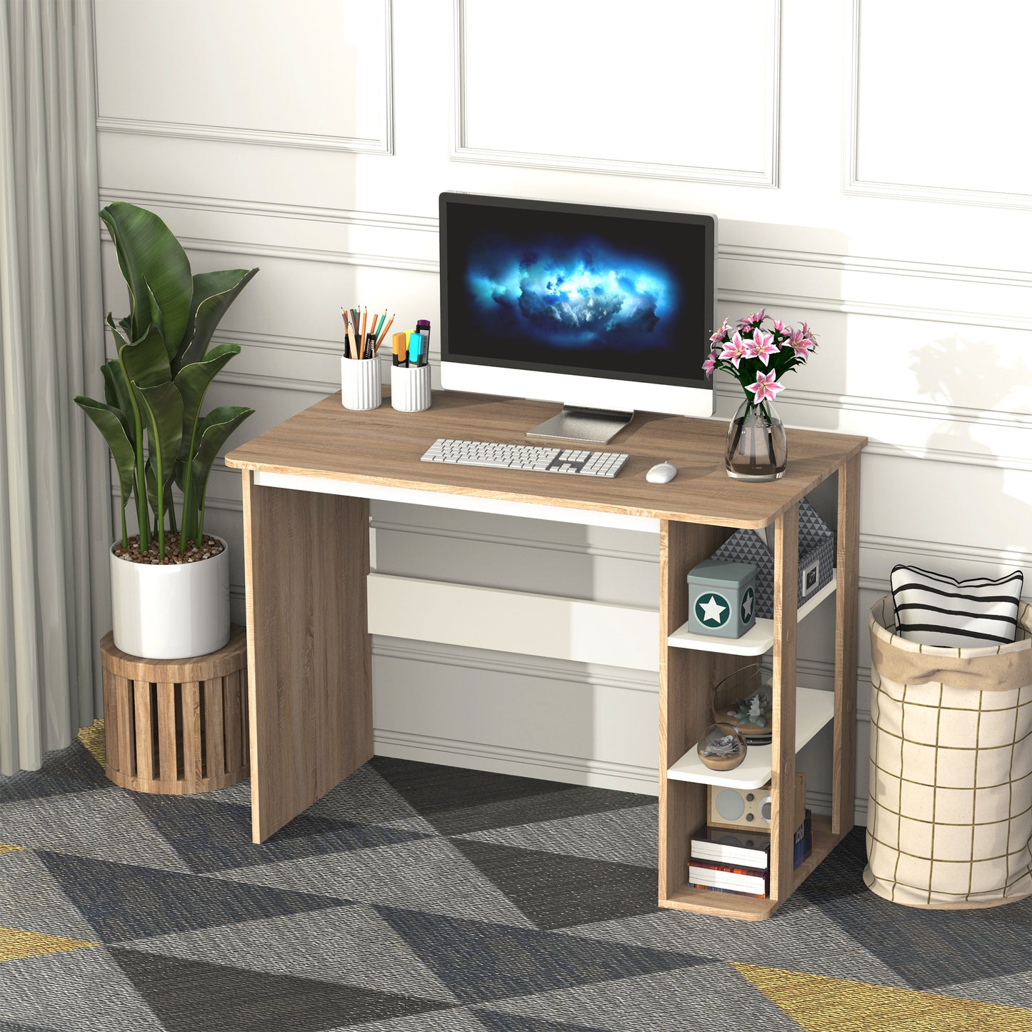 Halama 100cm Wooden Oak And White Writing Desk With 3 Tier Storage Shelving