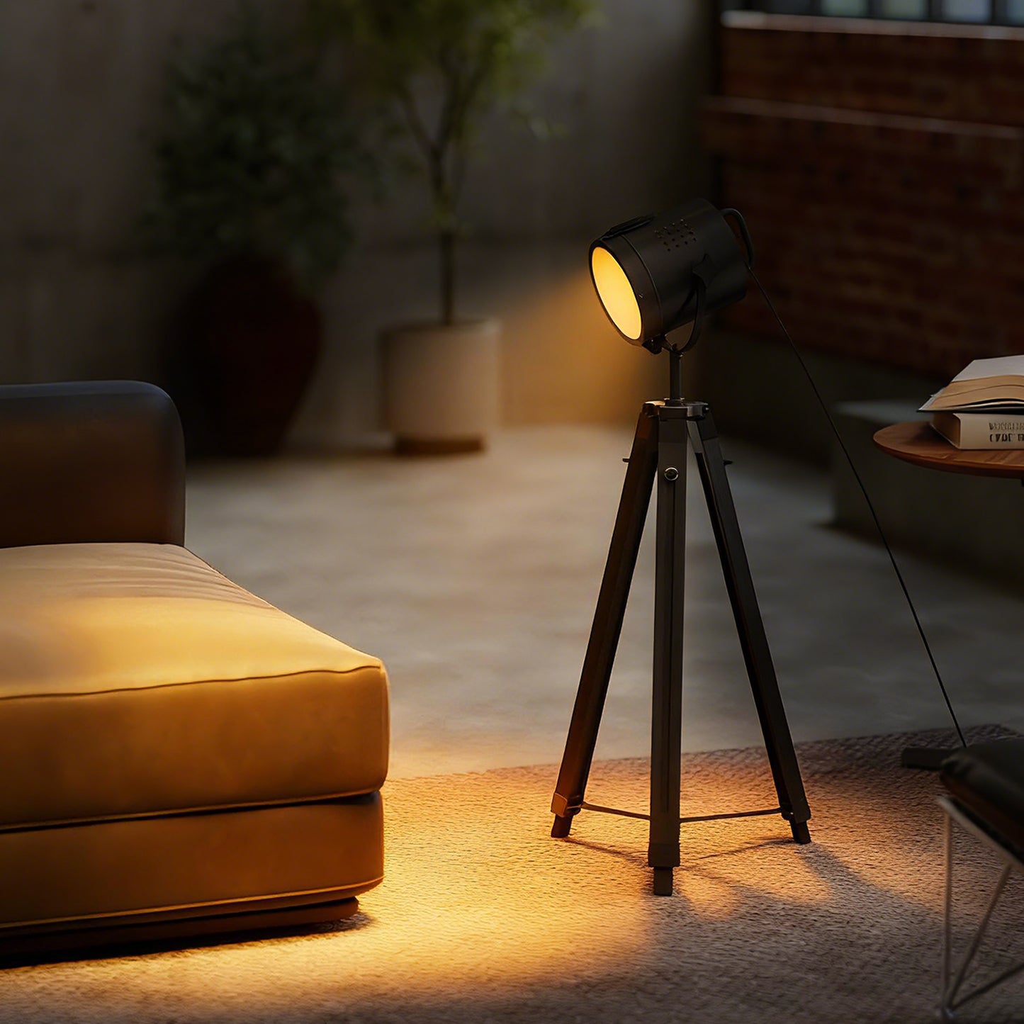 Suta Wood And Metal Black Tripod Searchlight Floor Lamp Adjustable Head
