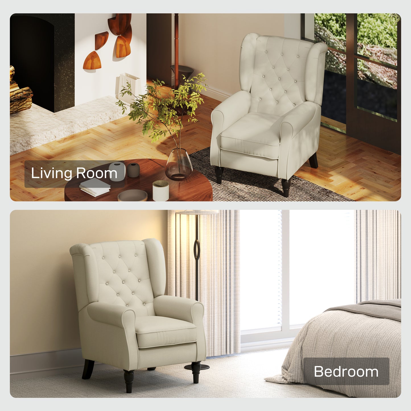 Vipamo Fabric Cream White Wingback Accent Chair With Button Tufted Upholstery