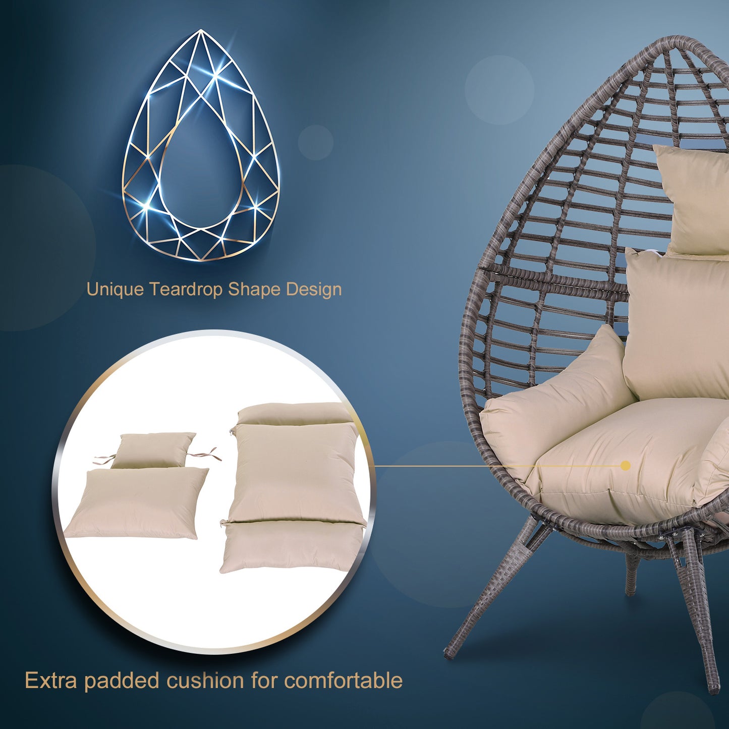 Elpale Grey Rattan Teardrop Egg Chair With Cream Cushion