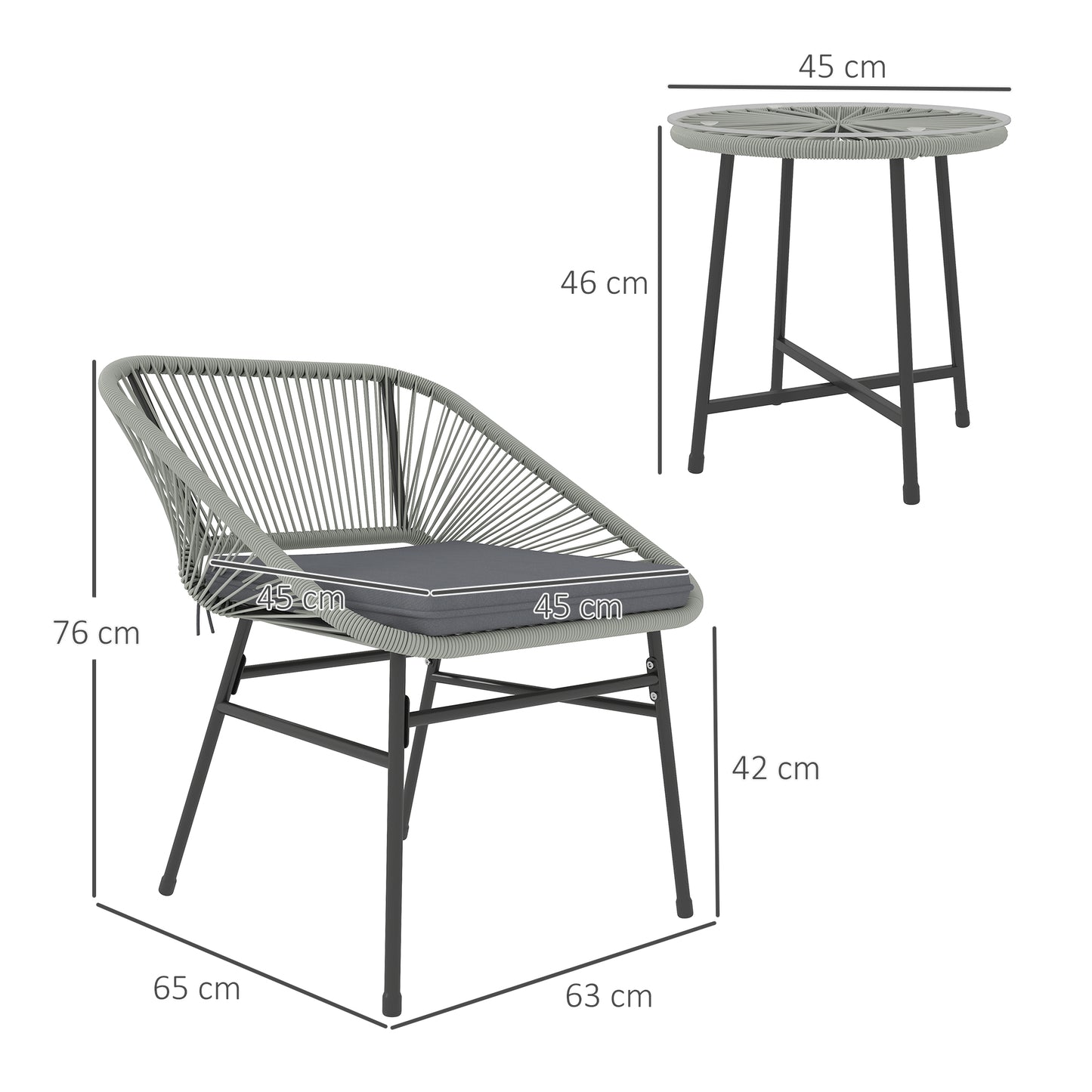 Sorino Rattan Rope Light Grey 3 Piece Outdoor Garden Bistro Furniture Set Glass Coffee Table
