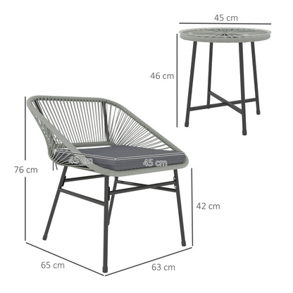 Sorino Rattan Rope Light Grey 3 Piece Outdoor Garden Bistro Furniture Set Glass Coffee Table