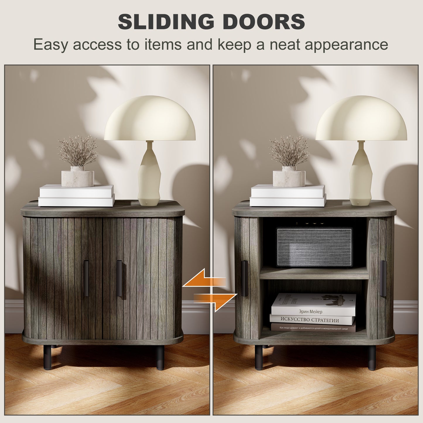 Pasaba Grey Nordic Bedside Table With Tambour Sliding Door And Metal Legs