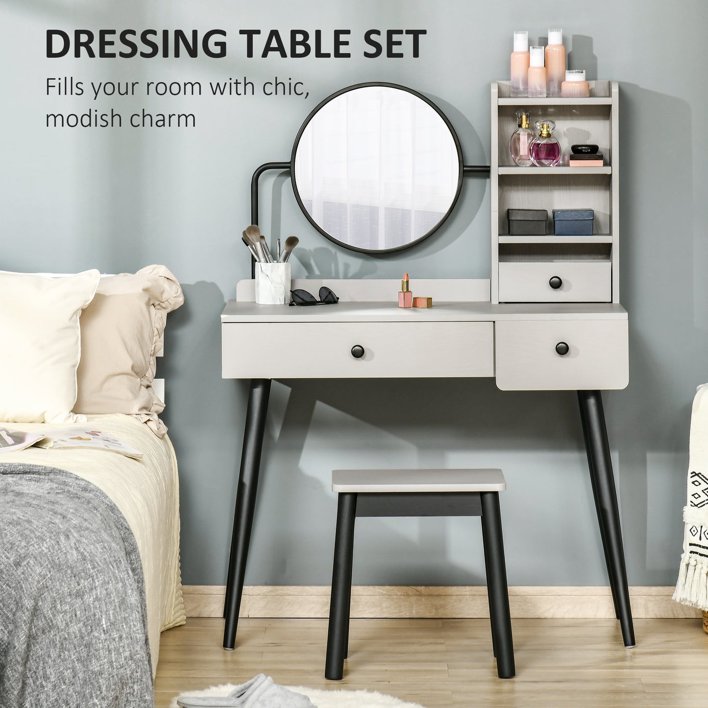 Ravato Grey Dressing Table And Stool Set With 3 Drawers And OFauxn Shelving